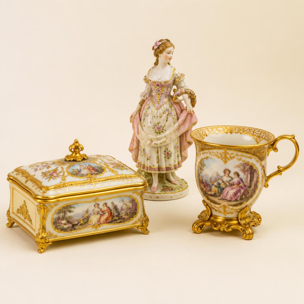 Aranyozott porcelán doboz, figura és csésze
